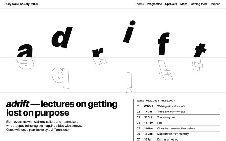 adrift: italic letters floating on a horizon line, with outlined reflections below