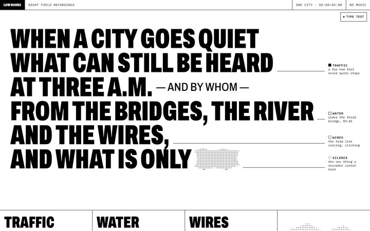 Low Hours: a giant condensed question with labels arriving from the right