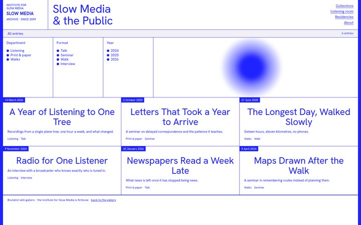 Slow Media Archive: electric blue on white, filter columns and a blurred blue blob