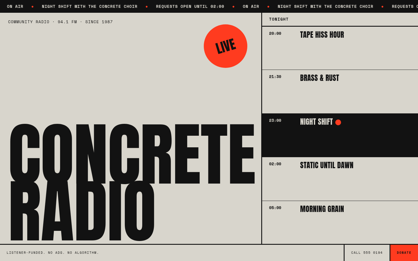 Concrete Radio: the recreation of a still reference, with a marquee